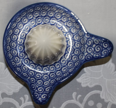 Top view of a blue swirls on white Poland ceramic juicer