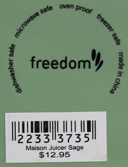 The basemark and label on a 2 piece green colour 'freedom' ceramic jug juicer