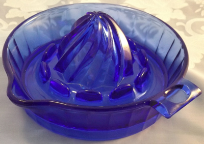 Large Hazel Atlas cobalt blue saucer juicer alternate view