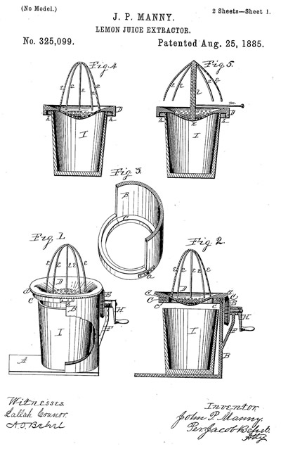 Many's Pat.Aug.25, 1885 clear glass juicer top view