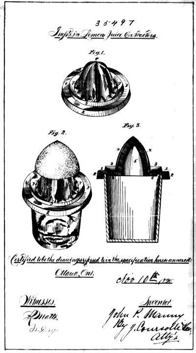 Many's Pat.Aug.25, 1885 clear glass juicer top view