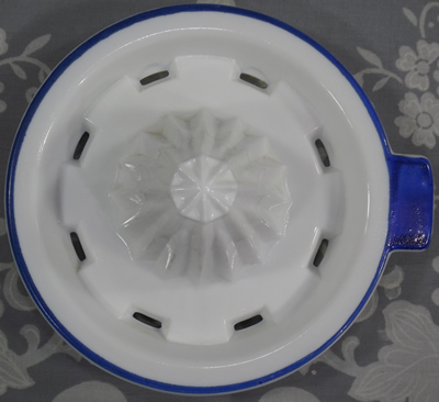 Top view Blue banded white milk glass juicer