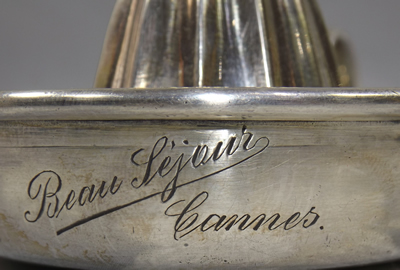 Engraving on Bohrmann silver plate loop handle  juicer