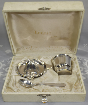 Lenain, Paris brand silverplate baby boxed set with a juicer