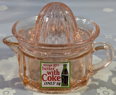 Coke label reproduction pink glass juicer set