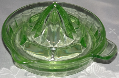 Anchor Hocking Glass Company green glass tab handle juicer