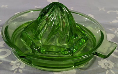 Anchor Hocking Glass Company green glass tab handle spiral juicer