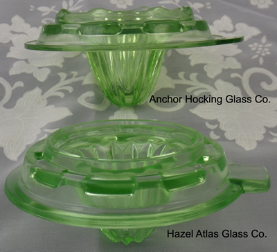 Different bottom rims of Anchor Hocking Glass Company and Hazel Atlas Glass Company reamers