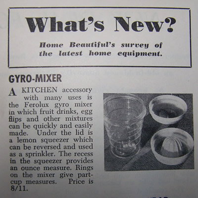 Womens magazine, 1952 showing Ferolux Gyro Mixer plastic juicer